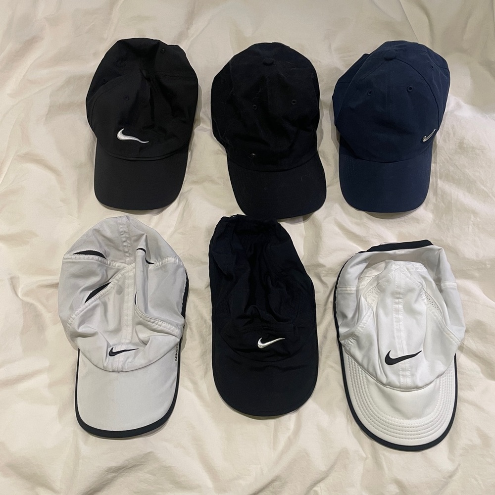 6 Nike Running hat Bundle. Black, Navy, and White Caps